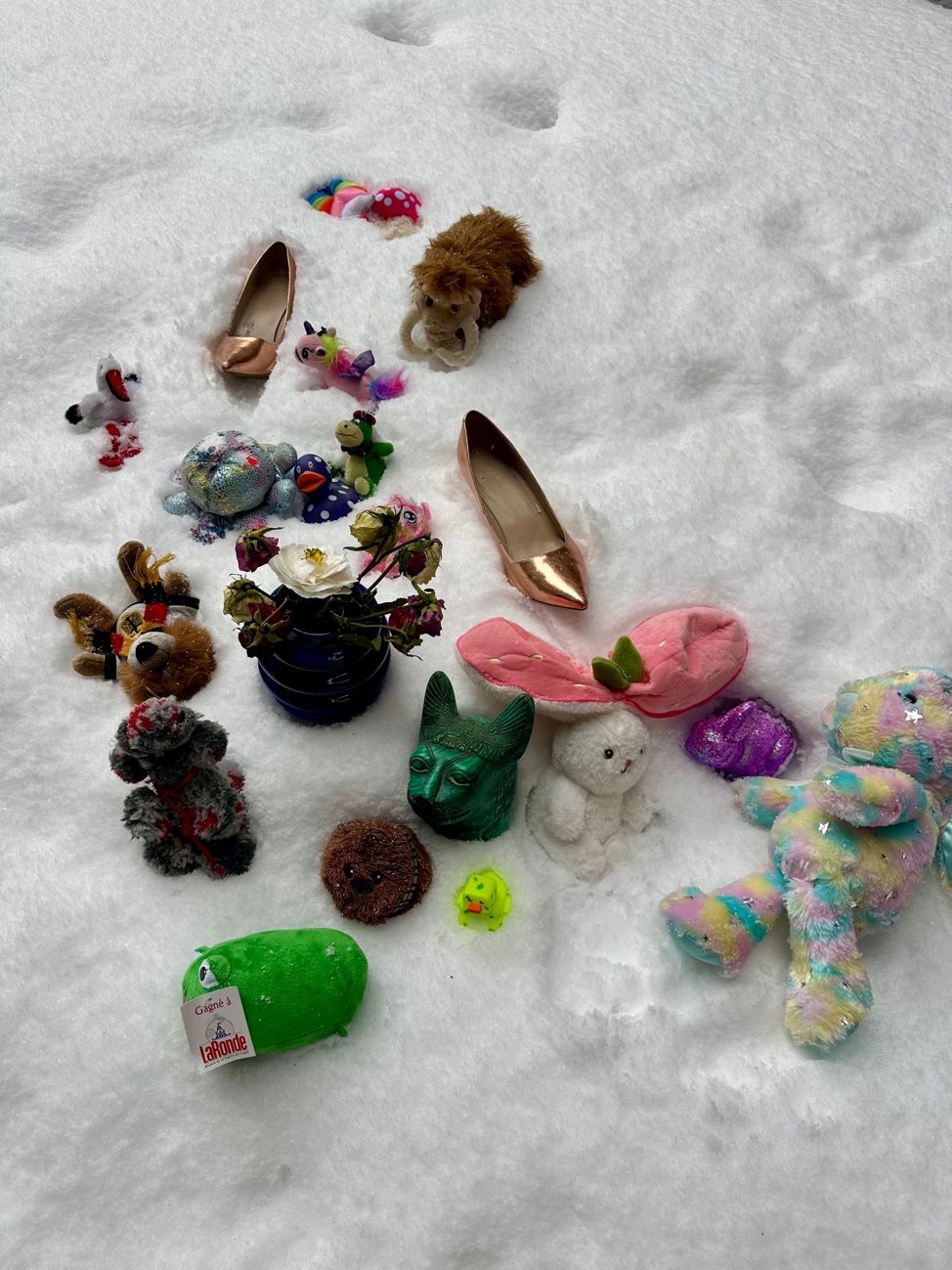 A group of stuffed animals and shoes on snow
AI-generated content may be incorrect.